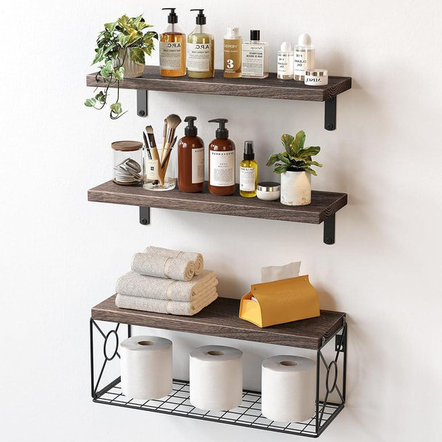 Amada Bathroom Shelves Over Toilet with Storage Basket, Floating Bathroom Wall Shelves for Home Organization & Wall Decor, Bathroom/Kitchen/Living Room Shelves–Rustic Brown