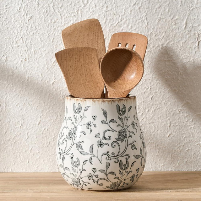 JIEMEI HOME Kitchen Utensil Holder, 6.3" Ceramic Rustic Utensil Crock for Countertop, Farmhouse Cooking Tool Organizer, Spatula Holder For Kitchen Decor, Gray Floral