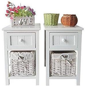 SUNCOO Retro White Wood Shabby Chic Nightstand End Side Bedside Small Table w/Wicker Storage (Set of 2(1 drawer & 1 basket))