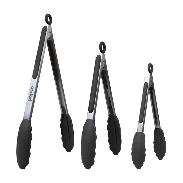 Popco 7x9x12" Silicone Tongs for Cooking- 3 Pieces, Black
