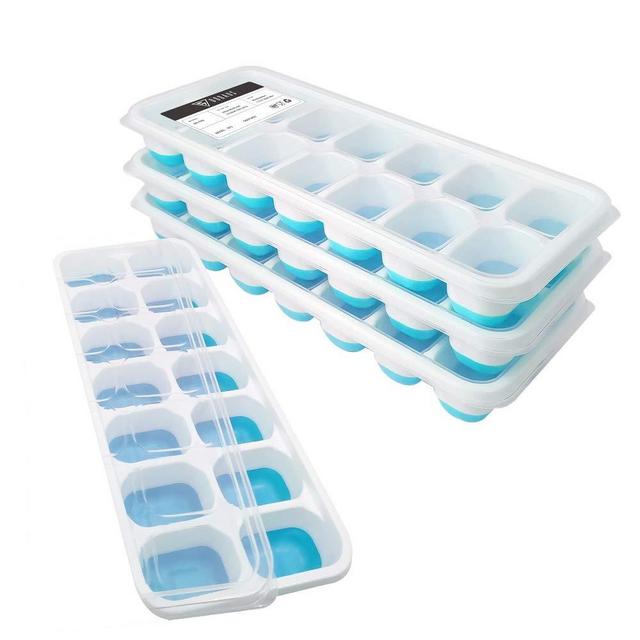 DOQAUS Ice Cube Trays 4 Pack, Easy-Release Silicone and Flexible 14-Ice Cube Trays with Spill-Resistant Removable Lid, LFGB Certified and BPA Free, for Cocktail, Beer, Stackable Flexible Ice Molds