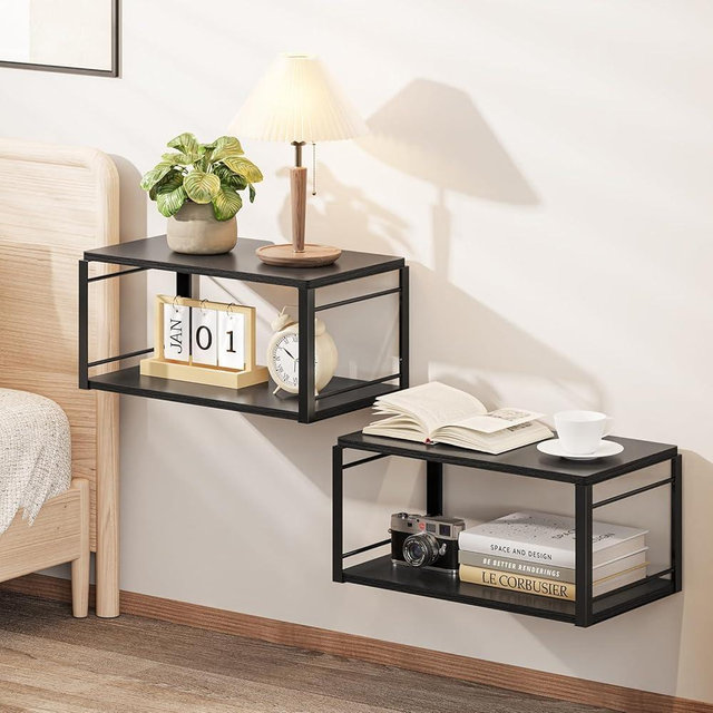 NANAGIFTREE Floating Nightstand Set of 2, Wood Bedside Shelf Wall Mounted Nightstand, Floating Bedside Table for Bedroom, Living Room, Bathroom, Kitchen, Office (Black)