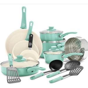 GreenLife Soft Grip 16 Piece Cookware Set, Non-Toxic PFAS-Free Ceramic Nonstick, Pots, Frying, Sauce, Saute, Glass Lids, Stay-Cool Handles, Wobble Free Bases, Dishwasher & Oven Safe, Turquoise