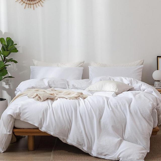 MooMee Bedding Duvet Cover Set 100% Washed Cotton Linen Like Textured Breathable Durable Soft Comfy(Bright White,Kill)