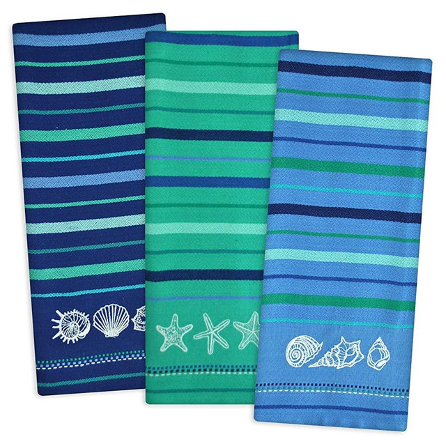 DII Cotton Embroidered Blue Sea Dish Towels, 18 x 28" Set of 3, Decorative Oversized Kitchen Towels for Everyday Cooking and Baking