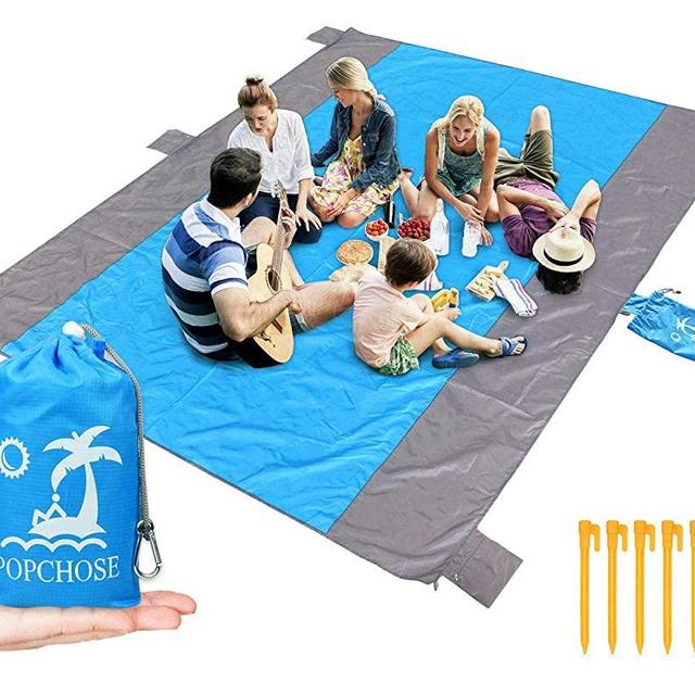 POPCHOSE Sandfree Beach Blanket, Large Sandless Beach Mat for 4-7 Adults, Waterproof Pocket Picnic Blanket with 6 Stakes, Outdoor Blanket for Travel, Camping, Hiking