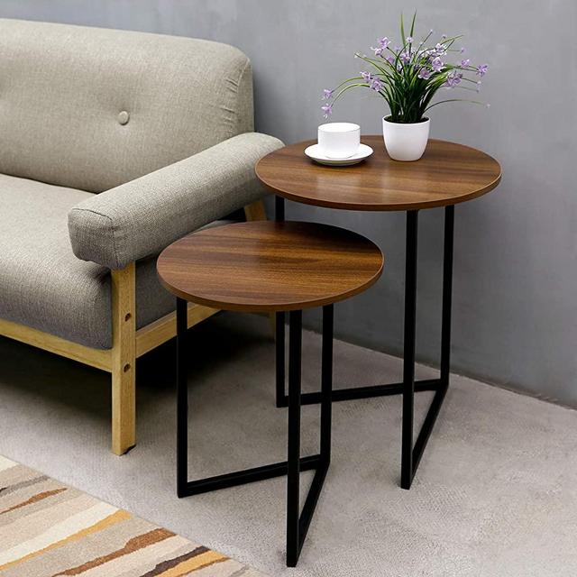 Round Nesting Coffee End Table Modern - amzdeal Set of 2 Side Tables, Upgraded Table Top with Metal Frame, Minimalist Accent Tables for Living Room, Bedroom and Balcony in Walnut, Super Easy Assembly