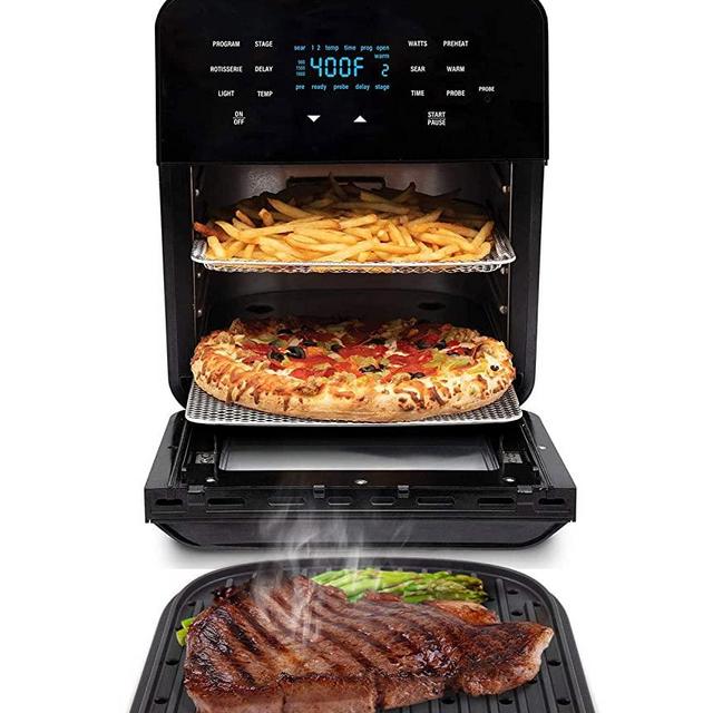 NUWAVE BRIO 14-Quart Large Capacity Air Fryer Oven with GRILL - Digital Touch Screen Controls and Integrated Digital Temperature Probe; 3 Heavy-Duty NEVER-RUST Stainless Steel Mesh Racks Great for Multi-Level Family Meals; Drip Tray; Rotisserie Kit includes Skewers and Basket; 100 Programmed Presets and the Ability to Store and Recall Your Own Programs; 1800 Watts w/ Adjustable Wattage Control - 900, 1500 & 1800; Advanced Functions include PROGRAM, SEAR, STAGE, PREHEAT, DELAY, WARM, ROTISSERIE
