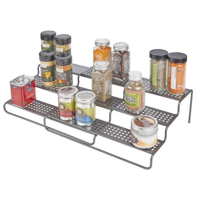 mDesign Adjustable, Expandable Kitchen Wire Metal Storage Cabinet, Cupboard, Food Pantry, Shelf Organizer Spice Bottle Rack Holder - 3 Level Storage - Up to 25" Wide - Graphite Gray