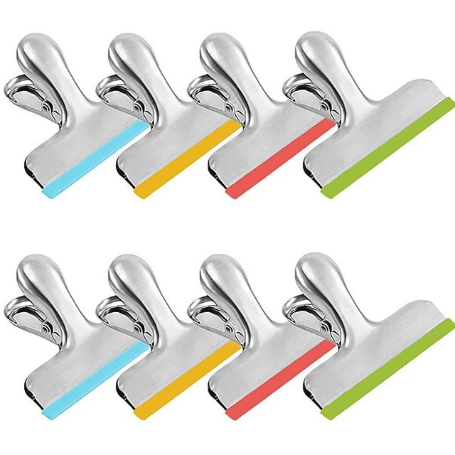 HOUSE AGAIN 8 Pack Chip Bag Clips Covered with Silicone - NO More Sharp Edges - Color Coded for Food Bags - Air Tight Seal, Heavy Duty, 3 Inches Wide