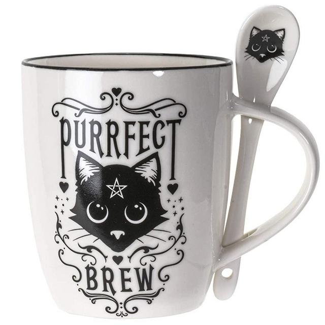 Summit Collection Alchemy Gothic Purrfect Brew Black Cats 11 fl oz Mug and Spoon Set Bone China