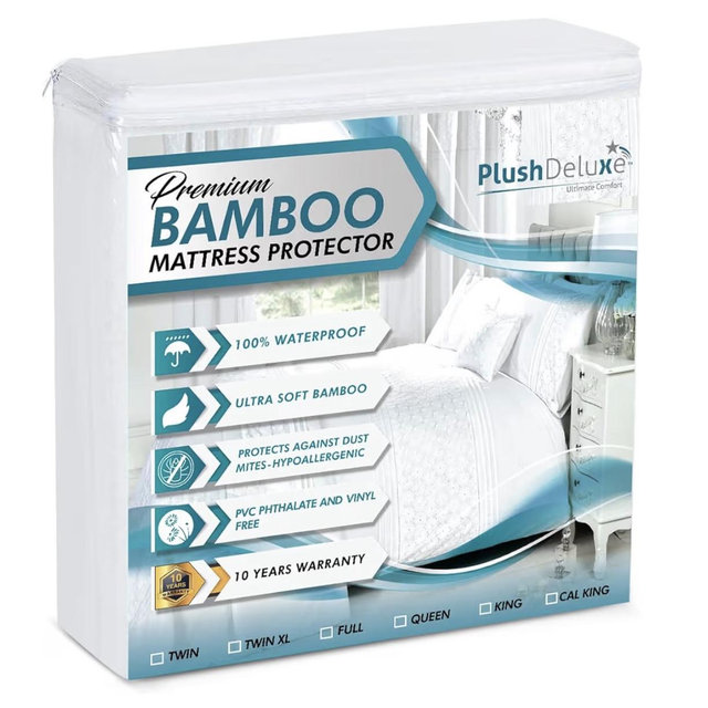 PlushDeluxe Premium Bamboo Mattress Protector – King Size, Waterproof, & Ultra Soft Breathable Noiseless Washable Bed Mattress Cover for Comfort & Protection - White