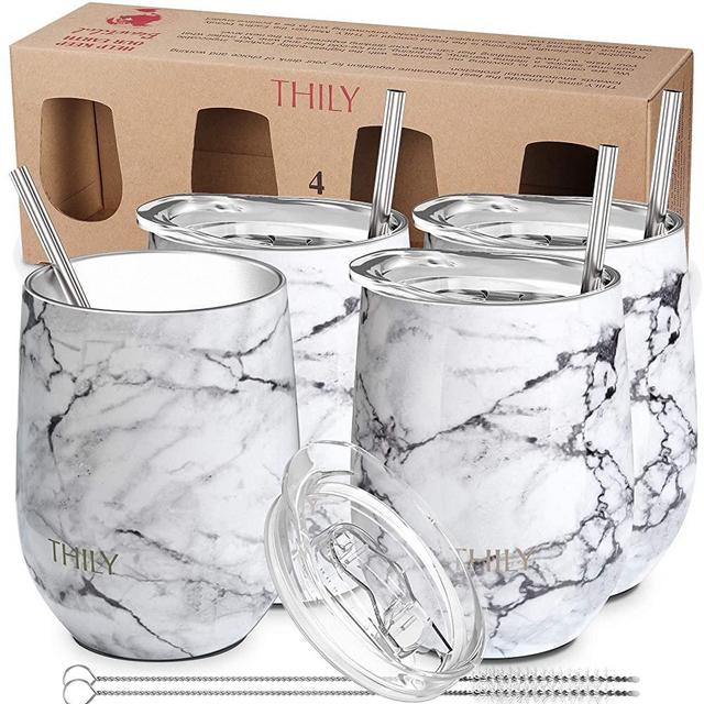 Stainless Steel Stemless Wine Tumbler - THILY 4 Pack Vacuum Insulated Travel Wine Glasses Set with Sliding Lids and Straws, Keep Cold for Juice, Cocktails, Beer, Party, Christmas Gift, White Marble