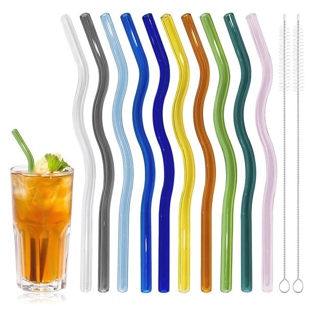 YAKAUEI 10 Pcs Reusable Glass Straws, Colorful Wavy Glass Straws Shatter Resistant 8" X 8mm with 2 Cleaner Brushes, Cute Glass Drinking Straw for Hot/Cold Beverages, Milk, Coffee, Juice, Wine
