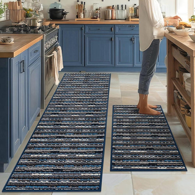 Kitchen Rugs Sets of 2-Non Slip Kitchen Mats for Floor-Thick Stain Resistant Vintage Kitchen Floor Mat Runner Carpet for Hallways Entryway Laundry Room Washable（Navy Blue 24"x70"+24"x35"）