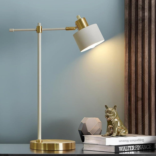 OYEARS Modern Industrial Desk Lamp for Reading LED 22.2“ Metal Table Lamp Light for Office Bedroom Study Room Living Room Nightstand Bedside Lamps Gold and Matte Black Accent (White)