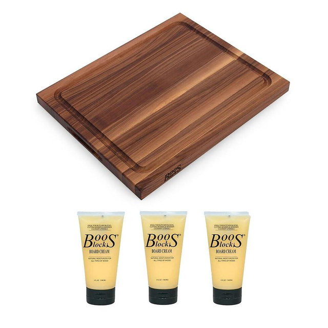 John Boos Reversible Walnut Wood BBQ Cutting Board w/Juice Groove, 17" x 21" x 1 1/2" Bundled with 5-Ounce Boos Block Maintenance Cream (3 Pack)