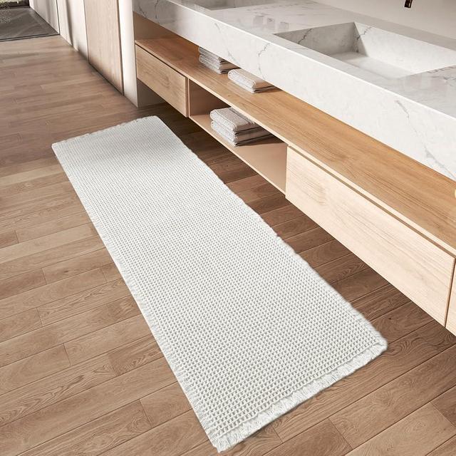 AMOAMI Waffle Runner Rug Super Absorbent Non Slip Bath Mats for Bathroom Floor, Machine Washable Bathroom Runner Rug with Tassels, Ideal for Hallway Bedroom Laundry Room, White, 17" x 60"