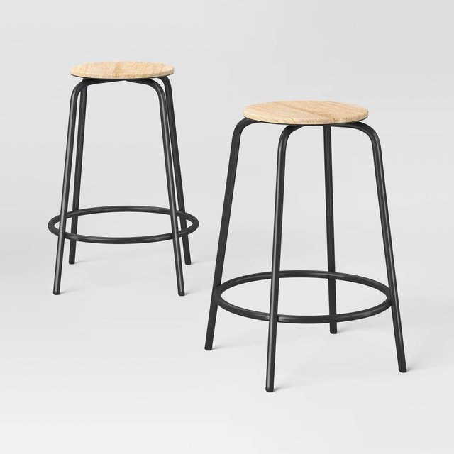 Set of 2 24" Wood and Metal Base Backless Counter Height Barstool Stool with Footrest Natural - Room Essentials™