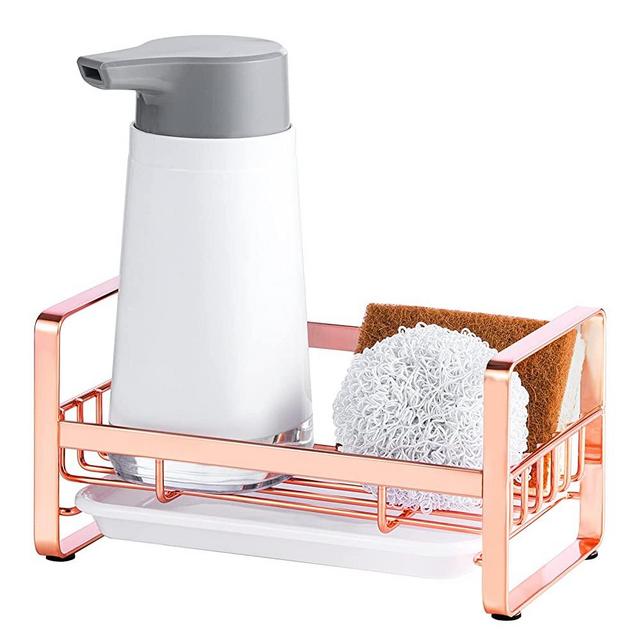 HULISEN Kitchen Sink Sponge Holder, 304 Stainless Steel Kitchen Soap Dispenser Caddy Organizer, Countertop Soap Dish Rack Drainer with Removable Drain Tray, not Including Dispenser and Brush, Copper