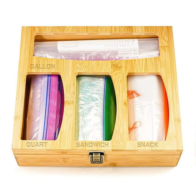 Bamboo Ziplock Bag Storage Organizer or drawer Openable Top Lids Food Storage Bag Holders and Dispenser Compatible With Ziploc