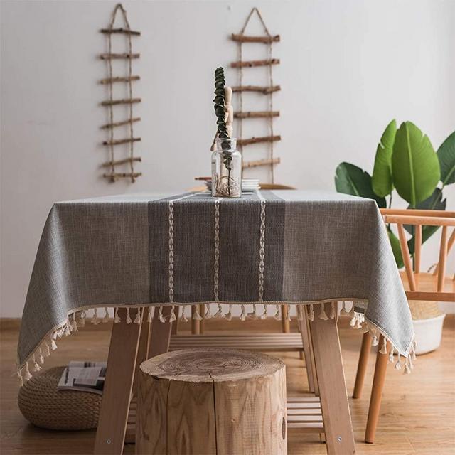 BUBIQUER Stitching Tassel Tablecloth, 55 x55 inch, Cotton Linen Fabric Wrinkle Free Anti-Fading Dust-Proof Washable Tabletop Decoration for Kitchen Party (Gray)