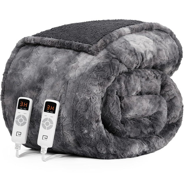 EHEYCIGA Electric Heated Blanket Queen Size Faux Fur, 10 Hours Auto Shut Off 6 Heating Levels Heating Blanket with Dual Control, Soft Warm Heated Blanket Fast Heating Grey, Faux Fur & Sherpa