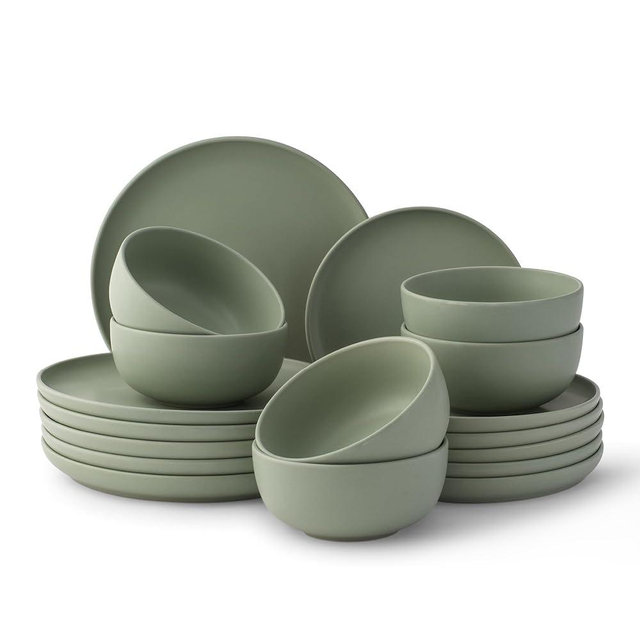 JoyJolt Mesa Stoneware Dinnerware Set, 18-Piece Plates and Bowls Sets, Includes Dinner Plates Salad Plates and Cereal and Soup Bowls, Modern Farmhouse Matte Sage Green Dish Set for 6