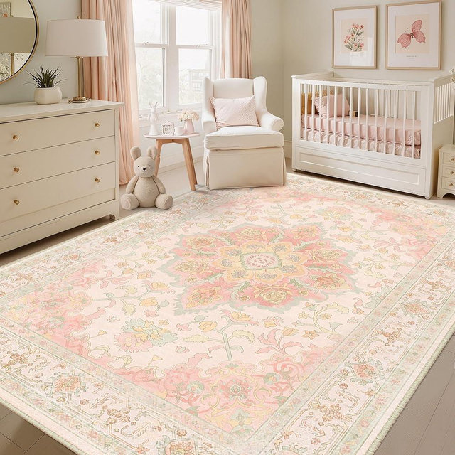 CAPALOCA Machine Washable Rugs Nursery Rug 5x7 Cute Girl Non Slip Low Pile Water Repellent Soft Print Pattern for Bedroom Indoor Decor Kids Playroom Pink Green