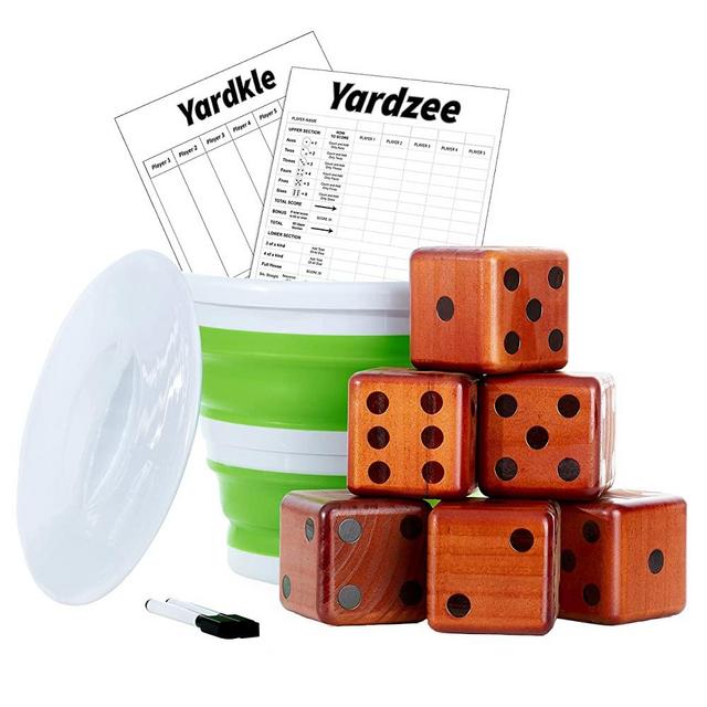 Giant Wooden Yard Dice Set of 6 Yardzee and Yardkle Outdoor Games for Adults and Family - Includes Bucket and Rules