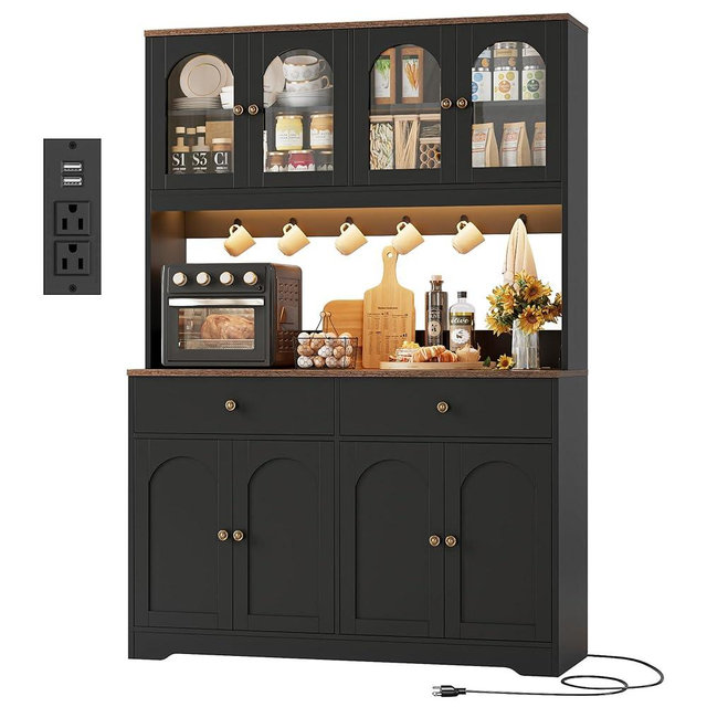 HIFIT 71" LED Kitchen Pantry Cabinet with Power Outlet, Large Kitchen Hutch Storage Cabinet with Arched Door & Shelves & 2 Drawers, Tall Farmhouse Coffee Bar w/Hutch for Home Dining Living Room, Black