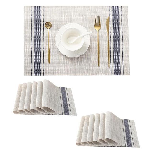 Leetaltree Khaki-Blue Placemats, Heat Resistant Non-Slip Place mats for Dining Table, Washable Durable PVC Vinyl Woven Table Mats (Set of 12)