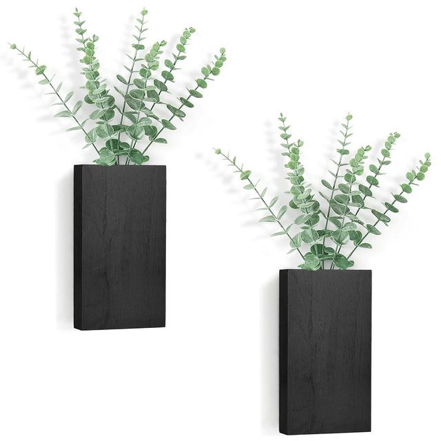 Dahey 2 Pack Wood Wall Planter Vase with Artificial Eucalyptus Farmhouse Wall Hanging Decor Pocket Planter for Indoor Fake Plants Greenery, Living Room Bedroom Kitchen Home Office Decoration, Black