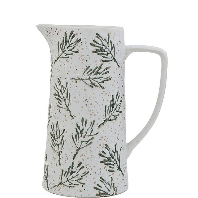 Creative Co-Op 64 oz. Stoneware Hand-Painted Pine Leaves & Gold Electroplated Accents Pitcher, Multicolor