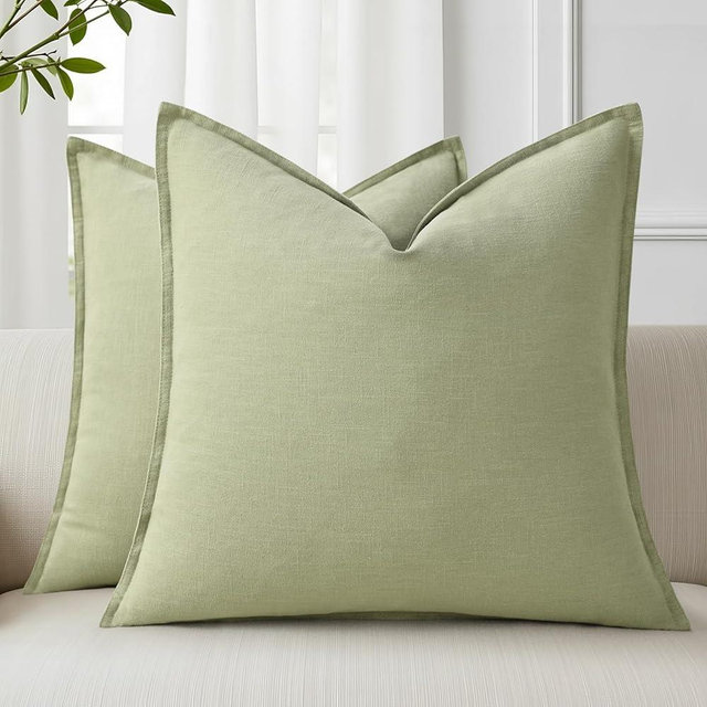 decorUhome Summer Decorative Linen Throw Pillow Covers 18x18 Inch Set of 2 Sage Green Pillow Covers with Flange Edges Soft Farmhouse Boho Accent Pillow Cases for Couch Bed Living Room