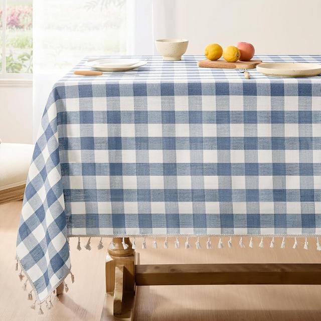 Softalker Spring Checkered Tablecloth Rectangle, Heavy Weight Cotton Gingham Boho Table Cloth with Tassel, Wrinkle Free Buffalo Plaid Table Cover for Dining/Party/Outdoor - 55 x 84 Inch, Blue
