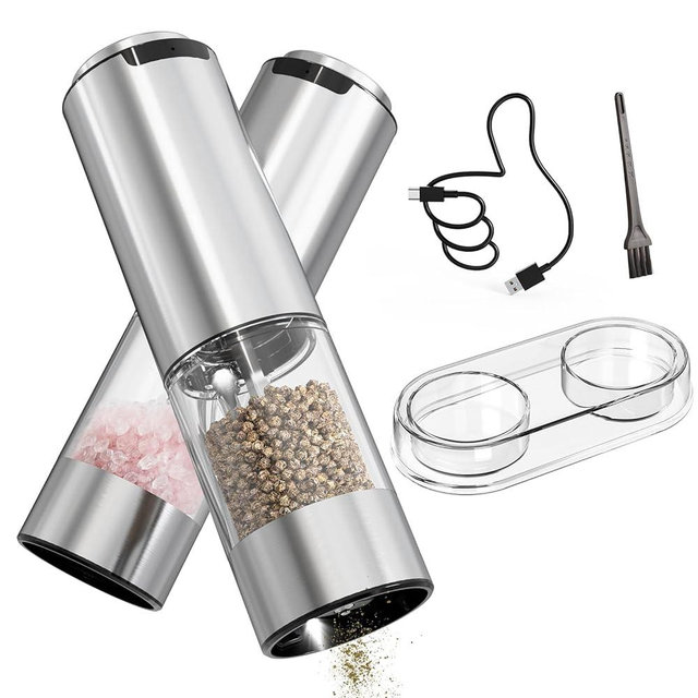 CIRCLE JOY Rechargeable Electric Salt and Pepper Grinder Set with Base, Stainless Steel Pepper Mills with Washable 95 ml Container, White LED Light and Adjustable Coarseness