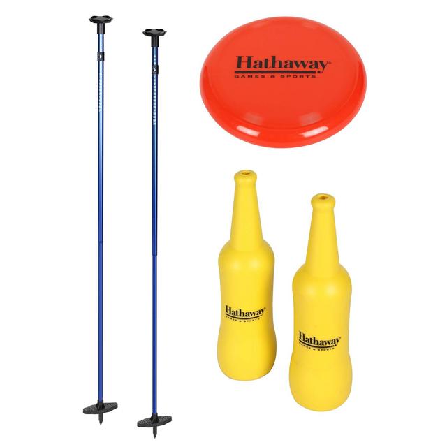 Hathaway Polish Horseshoes Set with Throwing Disc, Crash-Resistant Bottles, Aluminum Poles Built-in Scorers for Polish Horseshoes – Blue/Yellow