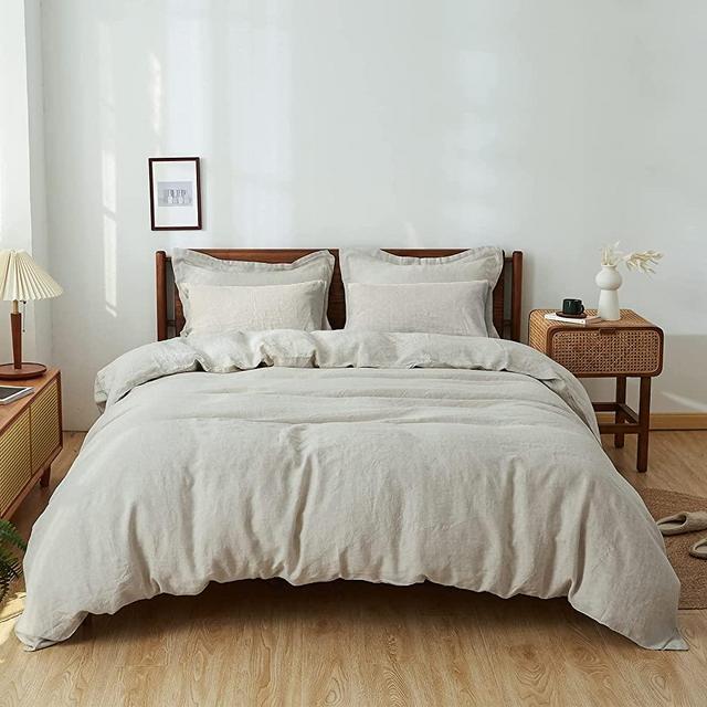 Simple&Opulence 100% Washed Linen Duvet Cover Set 5pcs(1 Duvet Cover& 2 Shams& 2 Pillowcases) Basic Style Natural French Flax Soft Breathable Farmhouse Bedding (Queen, Linen)