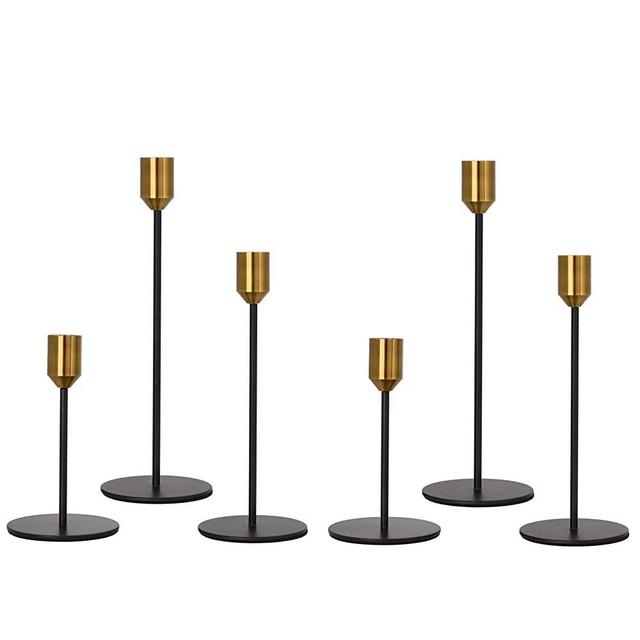 Denique Candlestick Holders 2 Sets, 6 PCS Brass Gold Black Taper Candle Holders, Candlestick Holders Set for Table Centerpiece Vintage Modern Candle Holders for Home Wedding Decoration (2X(S+M+L))
