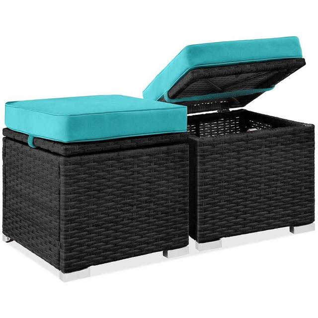 Best Choice Products Set of 2 Wicker Ottomans, Multipurpose Outdoor Furniture for Patio, Backyard, Additional Seating, Footrest, Side Table w/Storage, Removable Cushions - Black/Teal