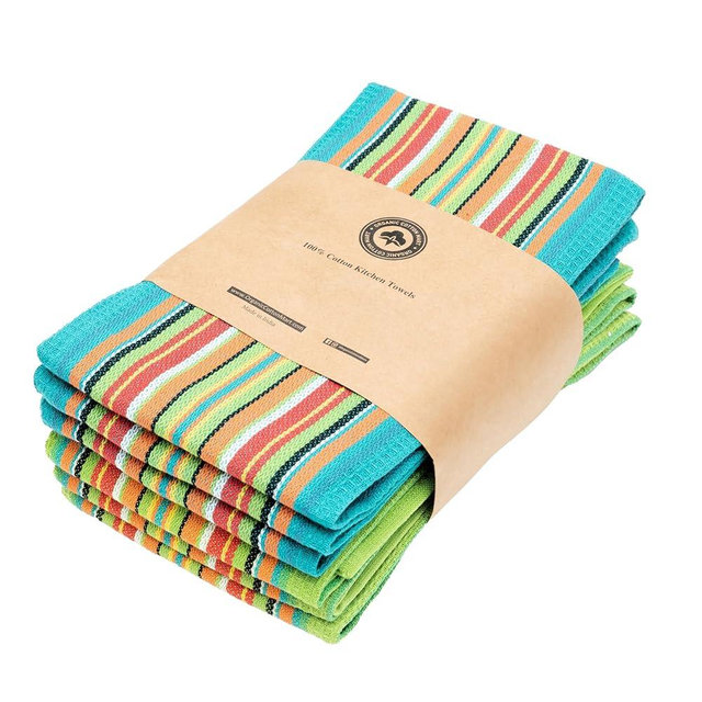 Salsa Stripe Kitchen Towels - 100% Cotton, 6 Pack, 28"x16", Reusable, Washable, Fiesta Waffle Dish Towels - Colorful Festive Tea Towels - Absorbent, Lint-Free Multicolor Stripe Towels (Green & Teal)