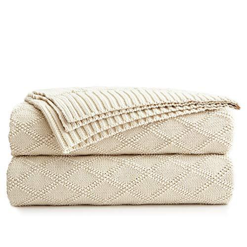 Longhui bedding Large Cream Cotton Knit Throw Blanket for Couch Sofa Bed - Home Decorative Soft Cozy Sweater Woven Fall Cable Oversize Knitted Blankets - 3.4 pounds 60 x 80 Inch