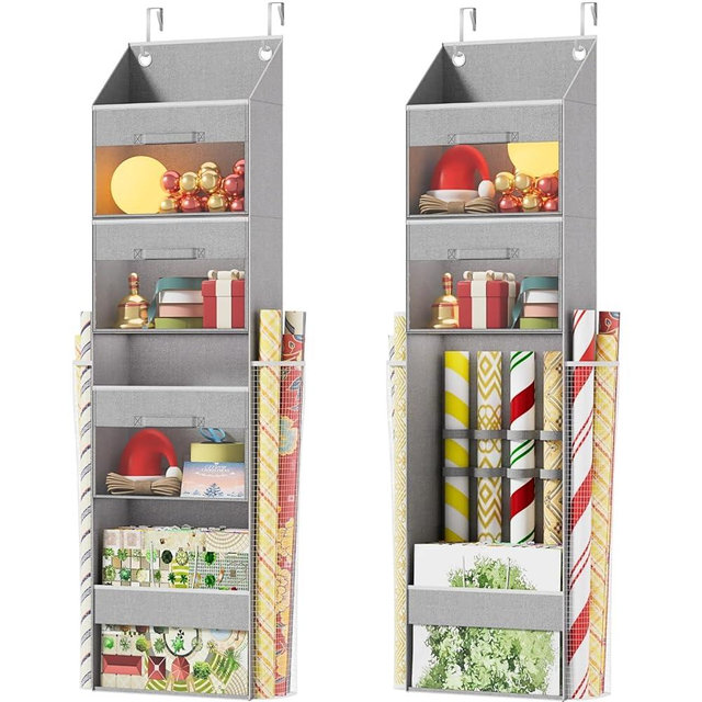 Ofiray-home Light Grey Over Door Wrapping Paper Organizer Storage with 3 Removable Drawers & Side Pockets –Dual Use Design with Elastic Straps Wrap Storage for Ribbons,Bows,Ornament and Other Tools