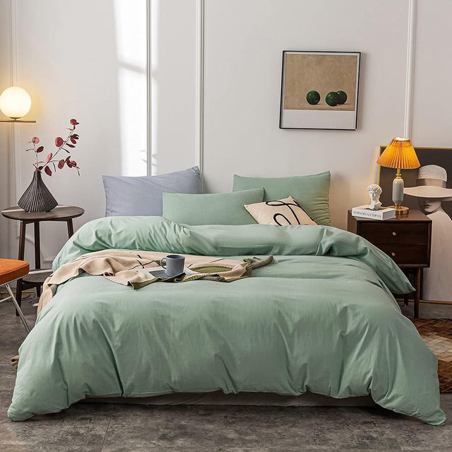 Janlive Washed Cotton Duvet Cover Queen Ultra Soft 100% Cotton Solid Color Green Duvet Cover Set with Zipper Closure -3 Pieces Green Queen