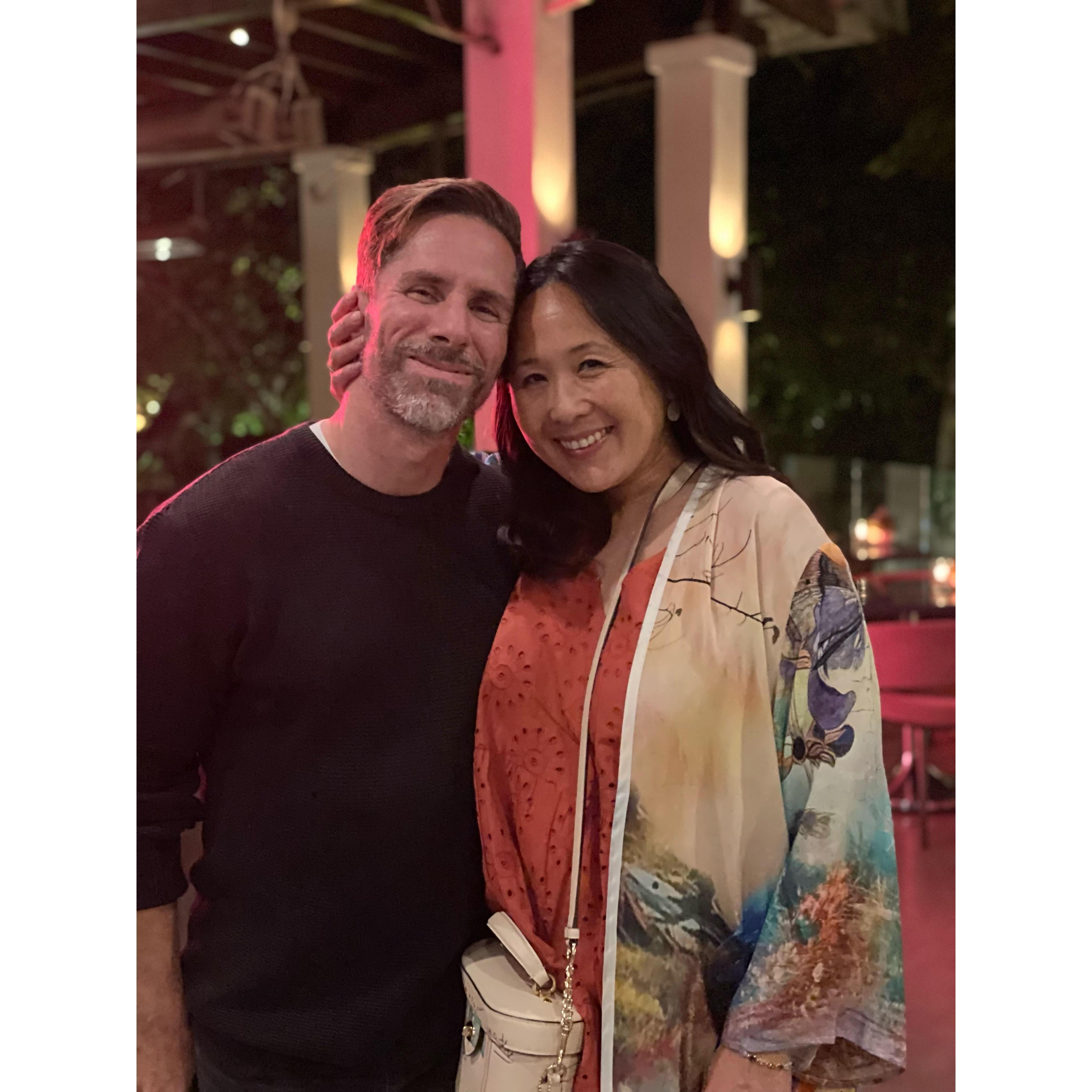 Helen has to hold onto Scott's ear and cheek for balance after hours of celebrating her birthday at the Sunset Marquis with 40 of her friends. That's love.