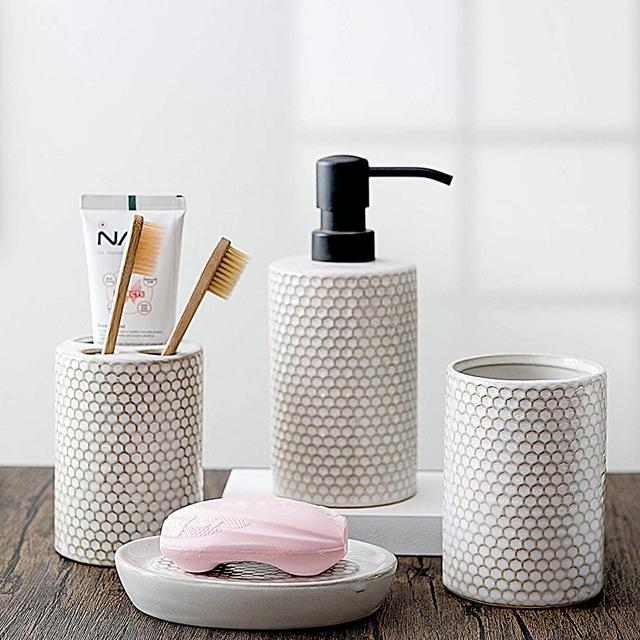 Kendiis Bathroom Accessories Set 4 - Ceramic Bathroom White Accessory Completes with Soap Dispenser, Toothbrush Holder, Tumbler, Soap Dish - Modern Decor, Bathroom Home Decor Clearance