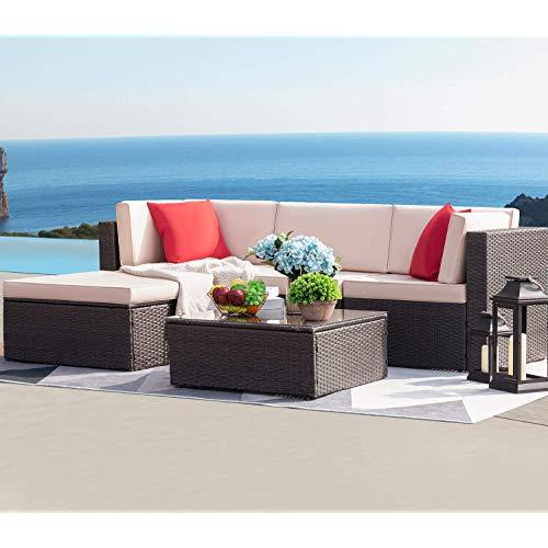 Devoko 5 Pieces Patio Furniture Sets All-Weather Outdoor Sectional Sofa Manual Weaving Wicker Rattan Patio Conversation Set with Cushion and Glass Table (Beige)