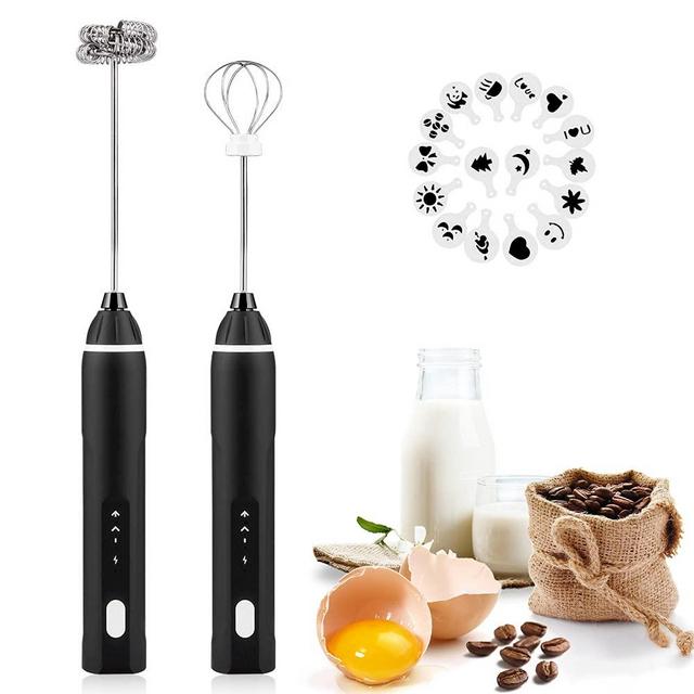 Milk Frother Handheld, Milk Frothers Electric Whisk for Coffee Foam Maker with 2 Whisks, Powerful 3 Speeds Rechargeable Coffee Mixer for Coffee, Lattes, Cappuccino, Matcha, Hot Chocolate with 16 Pcs Art Stencils (Black)