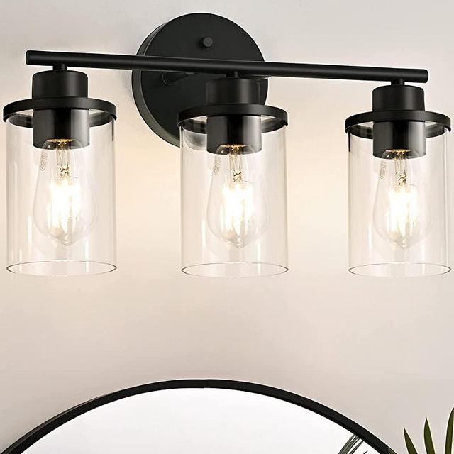 EDISHINE Bathroom Light Fixtures, 3 Light Bathroom Vanity Light, Matte Black Bathroom Lights Over Mirror with Clear Glass Shade for Bedroom Powder Room Vanity Table Kitchen (E26 Base)